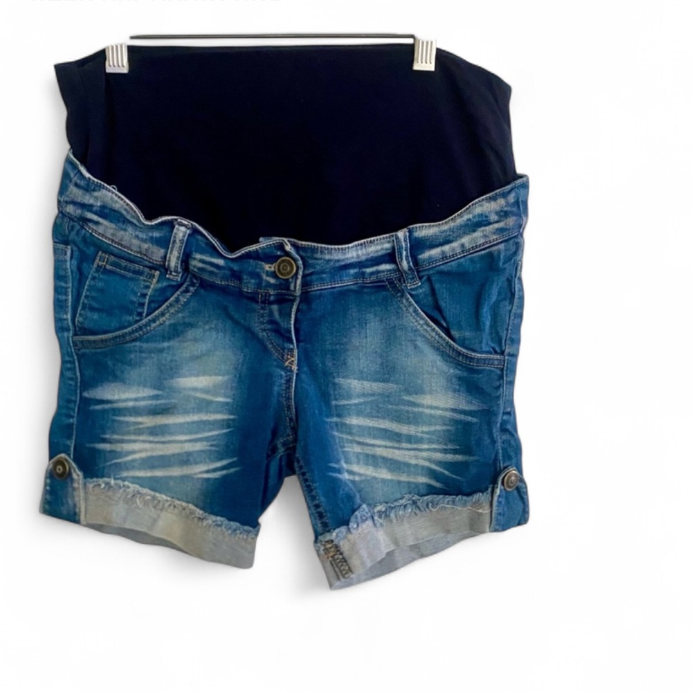 AVISHAG ARBEL BLUE JEAN DISTRESSED MATERNITY SHORTS BLUE WAISTBAND SIZE SMALL